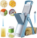 Safe Mandoline Slicer for Kitchen, 6 in 1 Vegetable Chopper, French Fry Cutter For Potatoes, Potato Slicer,Food Chopper,Adjustable Thickness 0.1-8 mm, With Peeler/Cleaning Brush (Blue+green)