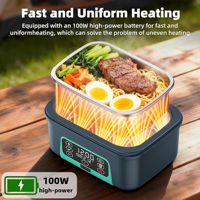XL 6.3-Cups Cordless Electric Heated Lunch Box for Adults, Rechargeable Battery Powered Smart Self Heating Lunchbox for Men Women, 100W Food Warmer for Trucks Driver Travel Office Worker