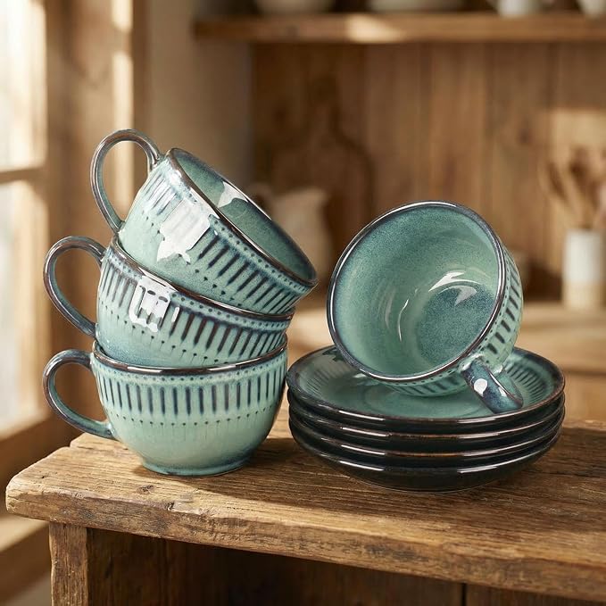 Cappuccino cup with tray, 8.5 oz. Set of 4 Ceramic Coffee Cups and Saucer Set for Latte, latte art cup, suitable for latte/cappuccino/milk/tea