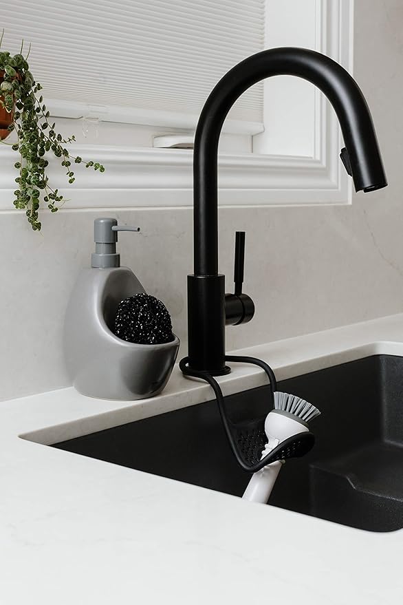 Umbra Joey, Matte Ceramic Liquid Soap Dispenser with Sponge Caddy, Ideal for Kitchen or Bathroom Use, Charcoal