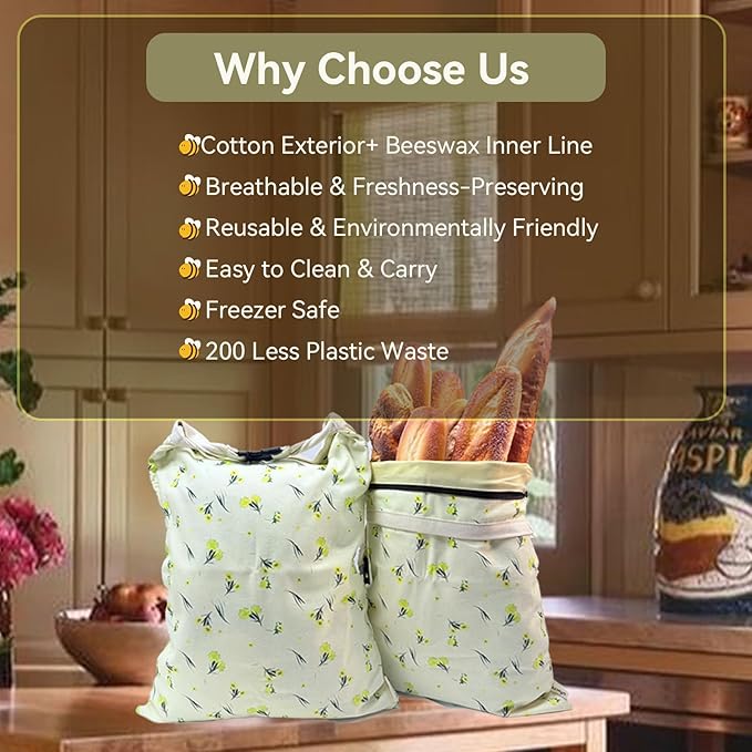 Reusable Beeswax Bread Bags, 2 Pack 16.6x12.6in Large-Organic Cotton for Sourdough Bread Homemade, Freezer Storage to Keep Fresh