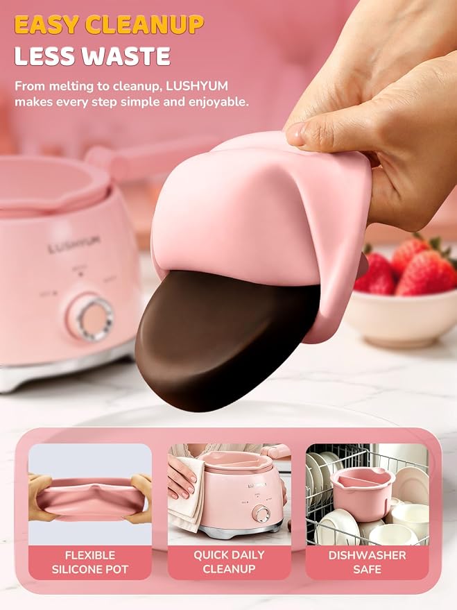 LUSHYUM Electric Chocolate Melting Pot with 2 Insert Pots, 4-Cup Chocolate | Even Heating & Fast Melting, BPA-Free Silicone, Easy Clean, Less Waste, Ideal for Chocolate & Candy Melts, Parties & Fondue