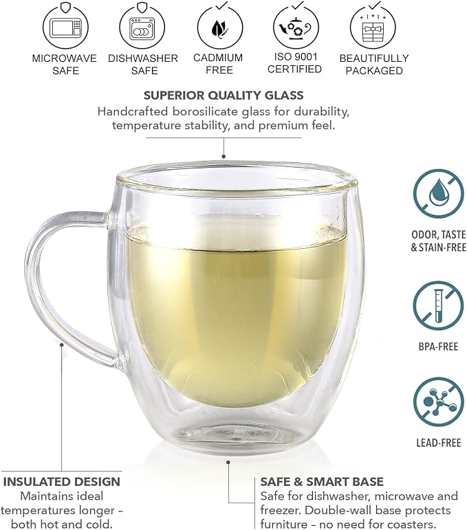 Teabloom Double Walled Cups – 8 oz / 250 ml – Set of 4 Insulated Glass Cups for Tea, Coffee, Espresso, and More – Clarity Glasses