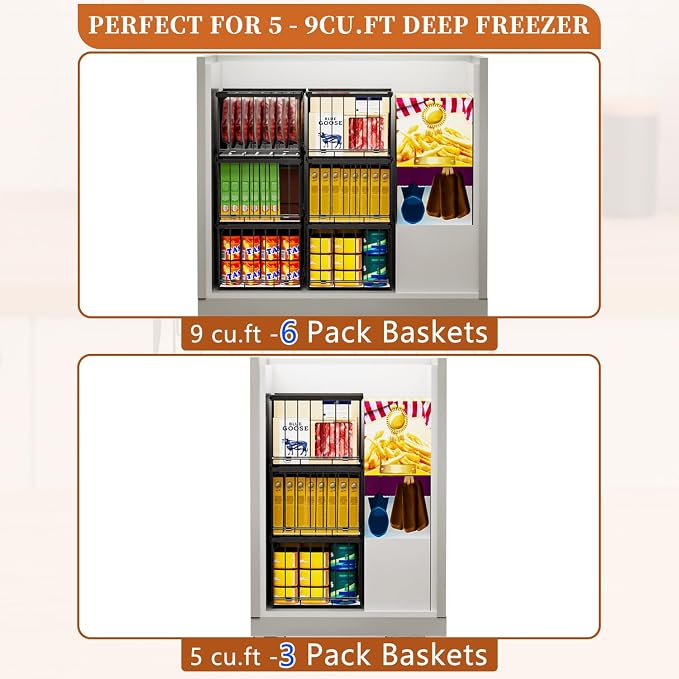 Large Freezer Organizer Bins, Upgrade Quick Expand/Collapse Feature, for 5-9 Cu.Ft Deep Freezer, 3 Pack Stackable Deep Freezer Organizer Bins, Black Wire Foldable Baskets (Black 3 Pack)
