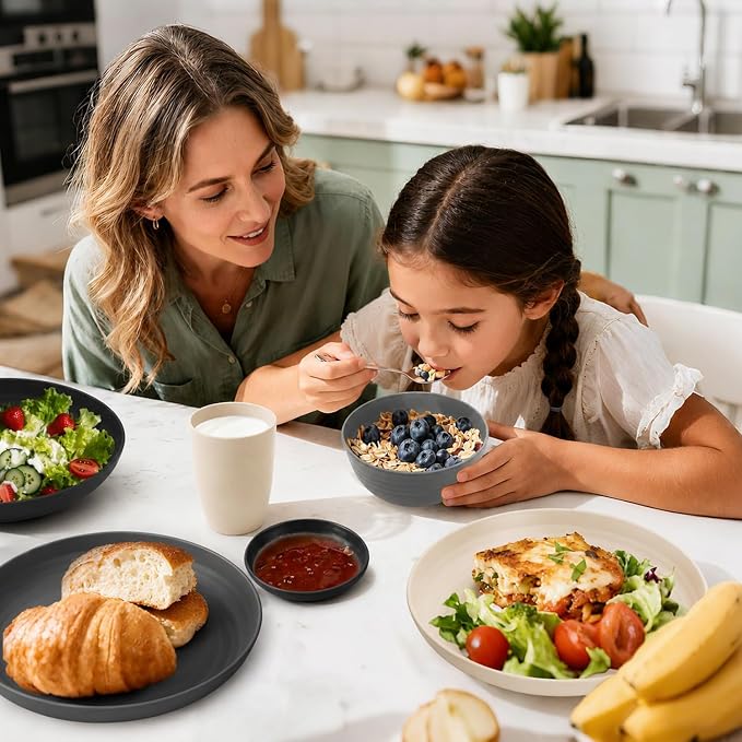 Wheat Straw Dinnerware Sets 16 PCS - Unbreakable Kids Plates and Bowls Sets for 4,Dishwasher & Microwave Safe Modern Lightweight Toddler Plates and Bowls Set for RV,Travel,Camping - Grey Stone