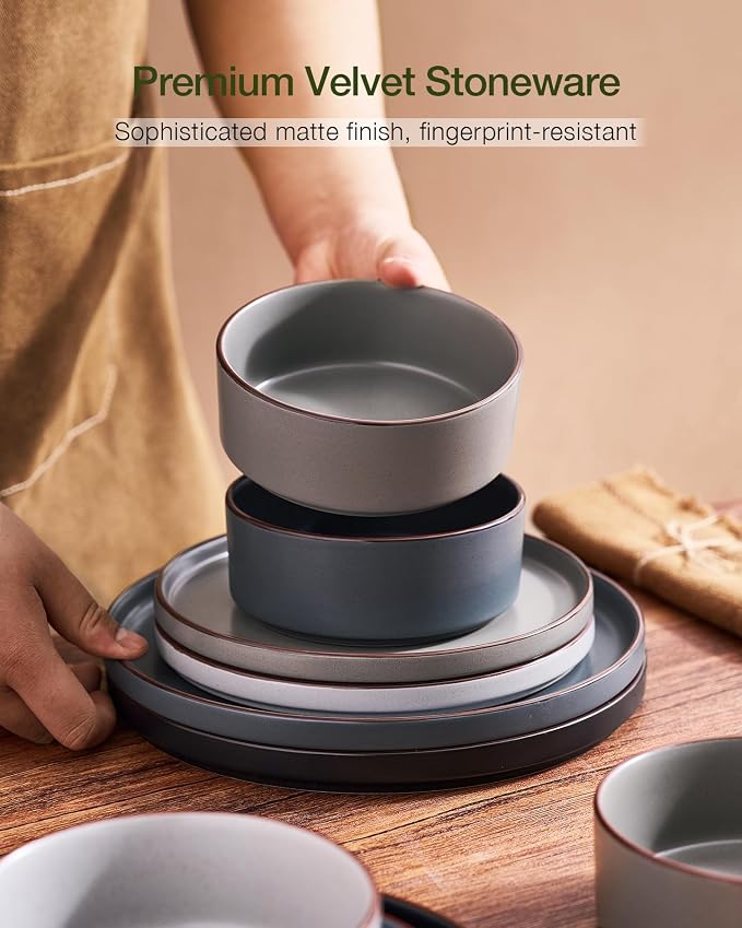 Famiware Nebula Ridge Stoneware Dinnerware Sets with Pasta Bowls, Plates and Bowls Sets, Service for 4 (16 Pieces), Microwave and Dishwasher Safe Kitchen Plates, Multi-color