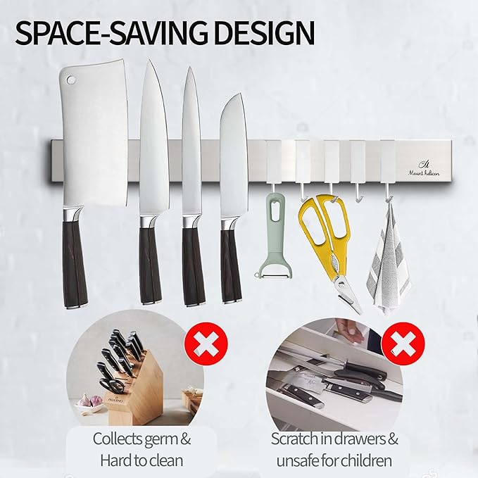16 Inch Heavy Duty Kitchen Knife Magnetic Strip with Additional 5 Hooks-Multipurpose Stainless Steel Magnetic Tools, Knife Holder-Strong Magnetic Knife Holders for Wall No Drill required (Silver)
