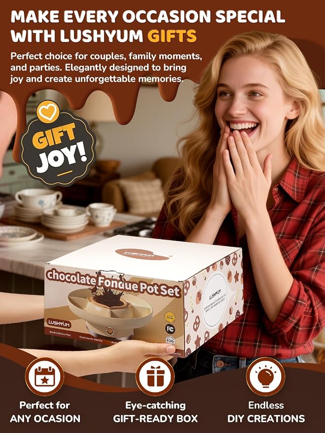 LUSHYUM Electric Chocolate Fondue Set, 4-Cup Chocolate, Rotating Tray | Melt & Warm Modes, Dual Silicone Inserts, 6 Color-Coded Forks, Easy-Clean, Ideal for Candy Melts, Couple Family & Date Night