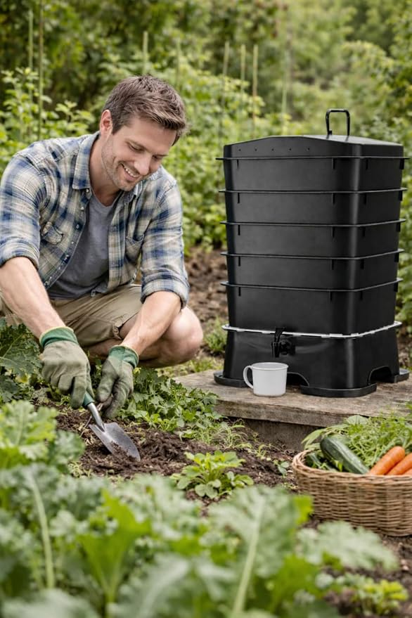 The Original VermiHut® Plus 5-Tray Worm Composter – Indoor & Outdoor Vermicomposting Bin | Sustainable Design for Food Waste Recycling- Black
