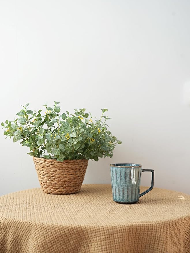 Bosmarlin Ceramic Coffee Mug Set of 4, 15 Oz, Coffee Cups with Big Handle, Microwave Safe, Unique Reactive Glaze (Teal, 15 Oz)