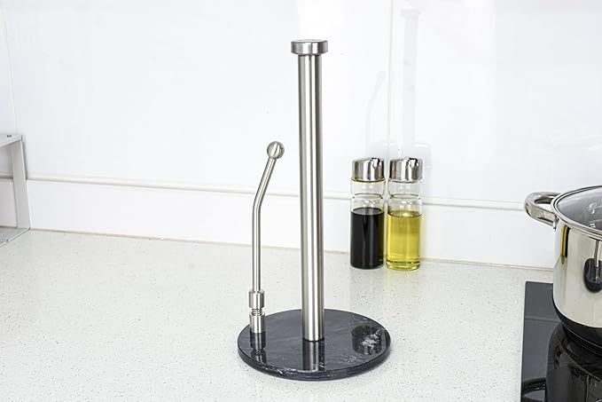 Paper Towel Holder with Marble Base – Weighted Countertop Stand, One-Hand Tear, Stainless Steel Rod, Natural Stone Base, Available in Gray & White Marble