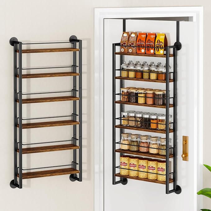 IBUYKE 6 Tier Over The Door Pantry Organizer,Wall Mounted Spice Rack,Door Hanging or Wall,Adjustable Hanging Storage Shelves,Spice Organization for Kitchen cabinet,Bathroom,Closet,Brown UTLJ028H