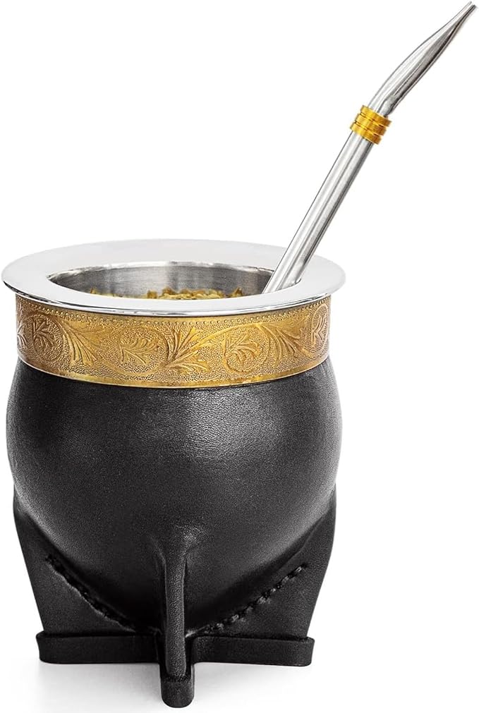 Cuopru Premium Argentina Imperial Yerba Mate Cup with Bombilla Mate (Straw) Set, Baroque Style, Leather Gourd, 304 Stainless Steel Inner (Black)