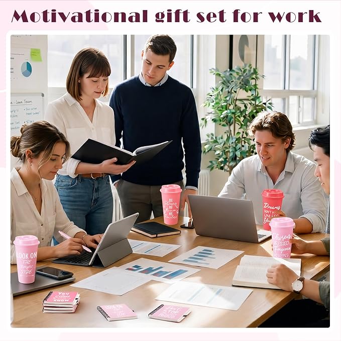 Skylety 12 Sets/48 Pcs Employee Appreciation Gifts 16oz Inspirational Plastic Cups Spiral Notebooks Ballpoint Pens Keychains Bulk Thank You Cup for Employee Coworker (Gradient Pink)