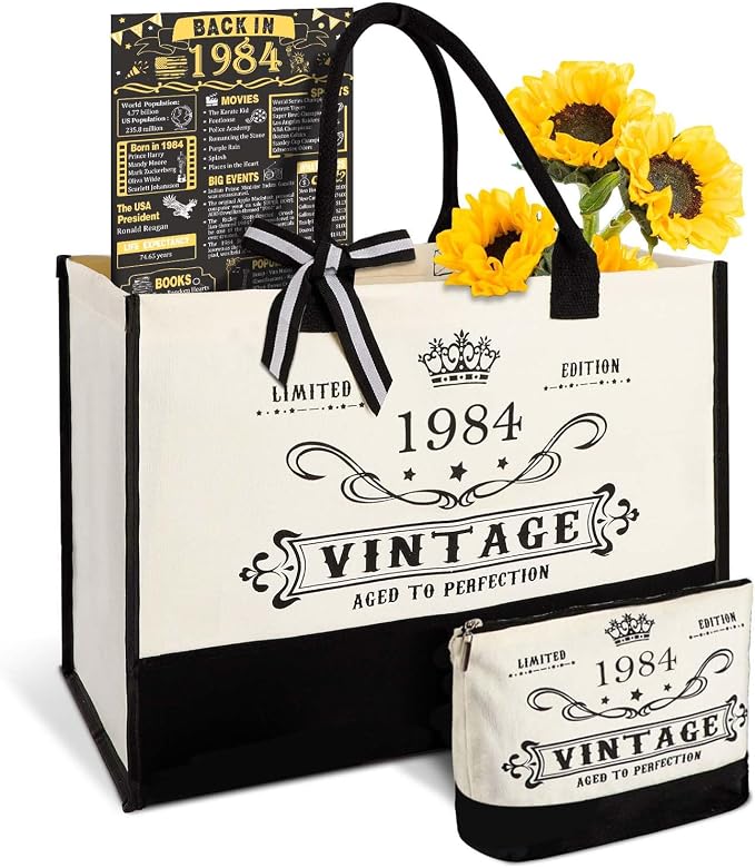 YeohJoy 42nd Birthday Gifts for Women Canvas Tote Bag Travel Gear, Unique 42 Years Old Birthday Gifts for Mom Aunt Friends Wife Sister Her, Vintage 1984 Handbag & Cosmetic Bag & Back in 1984 Poster