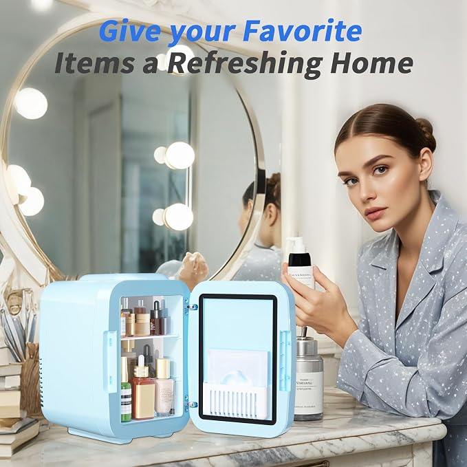 OSTBA Skincare Fridge Mini Fridge for Bedroom with Dimmable LED Mirror, 4Liter/6 Cans Cooler and Warmer for Makeup, Cosmetic, Beauty, Portable Refrigerator for Bedroom, Vanity, Office and Car
