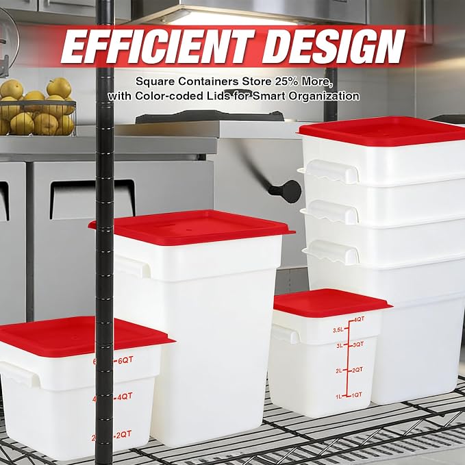 Square Food Containers with Lids 4-Pack, Commercial Grade Plastic Bins for Restaurant Kitchen Pantry Storage, Freezer & Dishwasher Safe (Red, 6QT-4PACK)