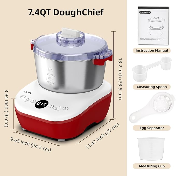 AIZIYO DoughChief, Electric Dough Mixer 7.4Qt with Ferment Function, Dough Maker 304 Stainless Steel Bowl, Microcomputer Control, Face-up Touch Panel, Easy To Clean for Bread & Pizza