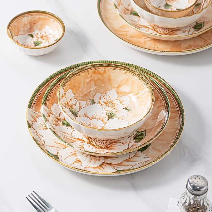 16-Piece Dinnerware Set for 4, Ceramic Plates and Bowls Sets, Microwave & Dishwasher Safe Dish Sets for Daily Use & Gifting, with Vintage Camellia Floral Pattern