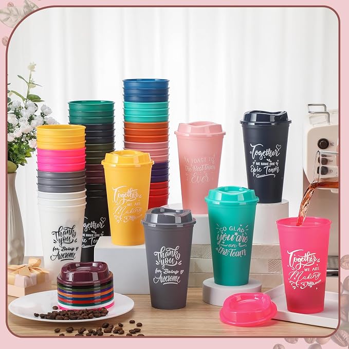 Pickmesh 60 Pcs Employee Appreciation Gifts Bulk 16 oz Plastic Tumblers with Lids Graduation Teacher Appreciation Gifts Reusable Coffee Cups for Staff Volunteer Coworker Team (Colorful)