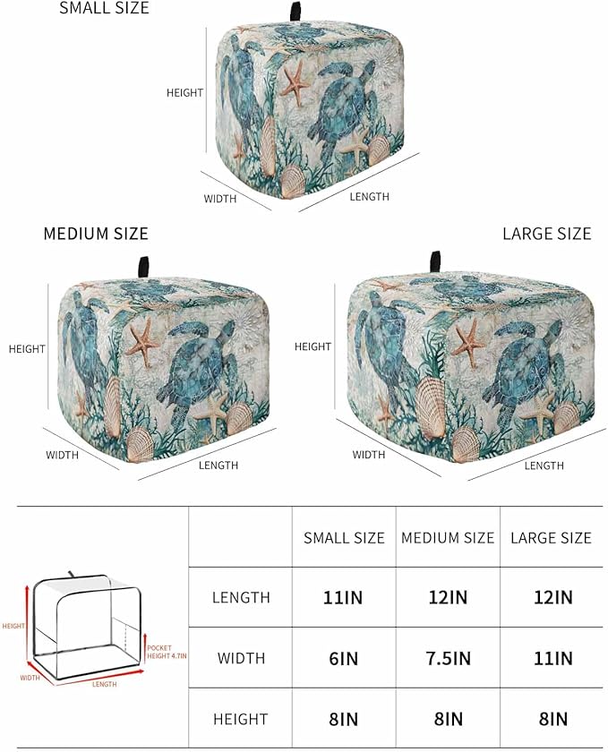Teal Sea Turtle Toaster Cover 2 Slice, Coastal Coral Ocean Dustproof Bakeware Oven Protector with Top Hook, Nautical Vintage Waterproof Small Kitchen Appliance Toasters Dust Cover, 11"x6"x8"
