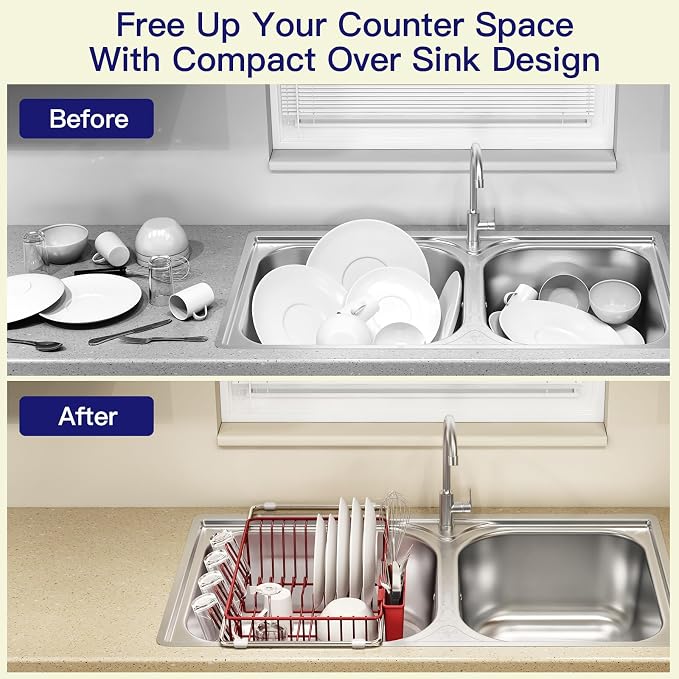 MAJALiS Red Dish Drying Rack Over Sink with Utensil Holder, Drainboard | Expandable Stainless Steel Dish Drainer for Small Kitchen, Apartment, RV, Counter Space Saving, Perfect Fit, Rustproof