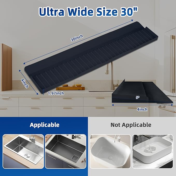 Silicone Sink Splash Guard & Edge Protector, 30 Inch Extra Long Kitchen Sink Splash Guard with Suction Cups, 5° Tilt Water Drip Back Design, DIY Cuttable Fits Any Size Single or Double Sink - Black