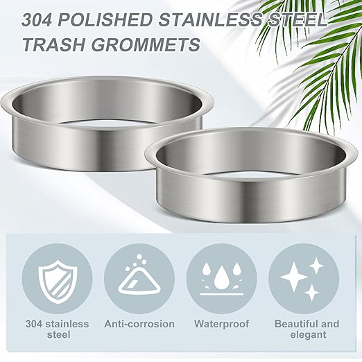 Honeydak 2 Pieces 6" (Nominal) Diameter x 2" Height 304 Polished Stainless Steel 6" x 2" Trash Grommets for Countertop Inserted Trash Kitchen Cabinet Counter Bin, Ease to Install
