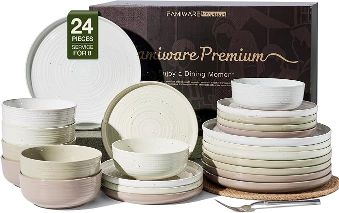 24-Piece Stoneware Dinnerware Sets for 8 - Farmhouse Coupe Plates and Bowls with Speckles & Spirals - Chip & Scratch Resistant, Microwave & Dishwasher Safe - Gift Box, Multicolor