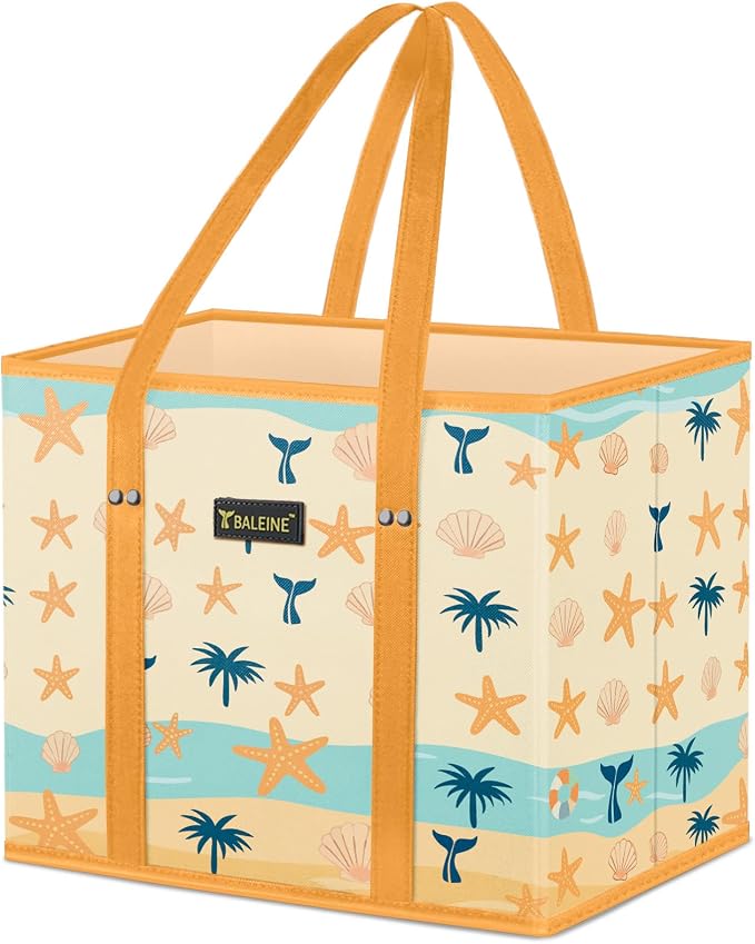 BALEINE 1Pk Reusable Grocery Bags, Foldable Shopping Bags for Groceries with Reinforced Bottom & Handles (Summer Beach-Yellow)