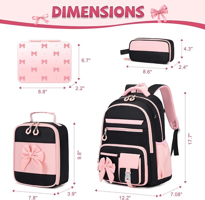 DIGOBAY Girls Backpack - Kids Bento Box Set with Insulated Lunch Bag, Cutlery and Pencil Case, 6 Leak-Proof Compartments, Removable Tray for Girls Teens School Picnic