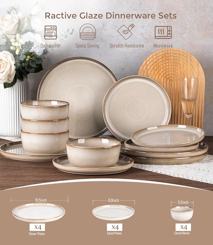 GBHOME Dinnerware Sets for 4, 12 Pieces Stoneware Plates and Bowls Sets, Scratch Resistant Ceramic Dishes, Dishwasher & Microwave Safe, Reactive Glaze-Almond Cream