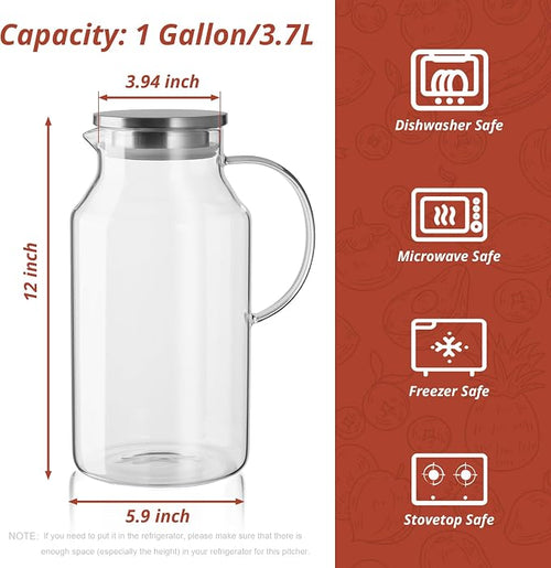 1 Gallon Glass Pitcher with Lid and Handle, Glass Water Carafe for Hot/Cold Water, Large Jug for Iced Tea, Coffee, Juice and Homemade Beverage
