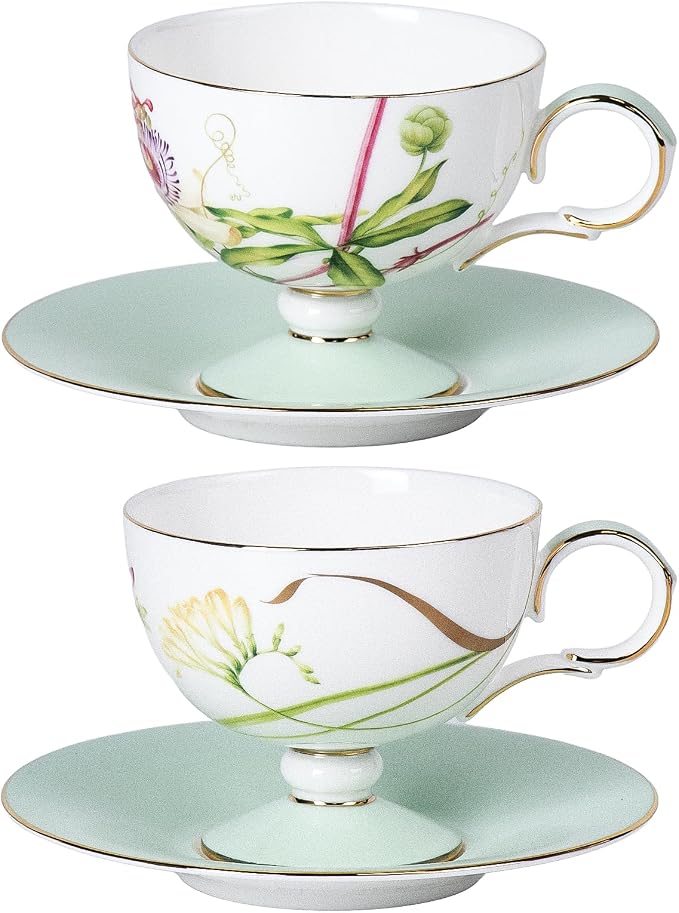 KAMMAK Ceramic Coffee Cups Saucers Set of 2, Porcelain Espresso Cup with Saucer, 6.76 oz Handmade Elegant Bone China Tea Cups, Ceramic Floral Pattern Demitasse Cup for Latte, Americano, Cappuccino
