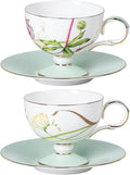 KAMMAK Ceramic Coffee Cups Saucers Set of 2, Porcelain Espresso Cup with Saucer, 6.76 oz Handmade Elegant Bone China Tea Cups, Ceramic Floral Pattern Demitasse Cup for Latte, Americano, Cappuccino