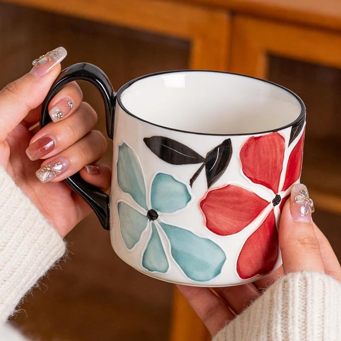 KAMMAK Ceramic Mug - Hand-Painted Coffee and Tea Mug - 400ML Vintage Breakfast Cups - Cute Mugs for Women - Ideal for Birthday - Afternoon Tea & Housewarming Gifts, GX015