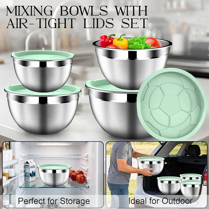 DUTZUN Mixing Bowls with Lids Set, Stainless Steel Mixing Bowl Set with Colander, Strainer with Bowls - Pistachio