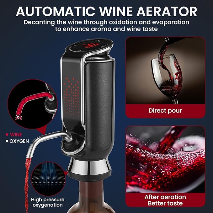 BLUBYEES Luxurious 4-in-1 Electric Wine Aerator, Decanter, Dispenser & Vacuum Saver with LED Display - Wine Pourer Gift for Women and Wine Lovers