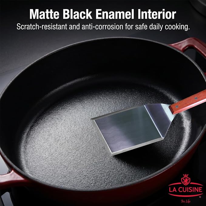 La Cuisine Enameled Cast Iron Braiser Shallow Dutch Oven Braising Sauté Pan 3.75 QT 11" Dia. Internal Matt Black Enamel Coating, Cranberry, Golden Lid Knob, Oven Safe, Induction Cooktop Compatible
