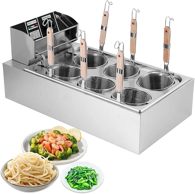 JIAWANSHUN Commercial Pasta Cooker with 6 Noodle Baskets, 50-250℃ Temperature Adjustable, 110V Electric Noodles Cooking Machine for Restaurant, Stainless Steel Dumpling & Ramen Cooker
