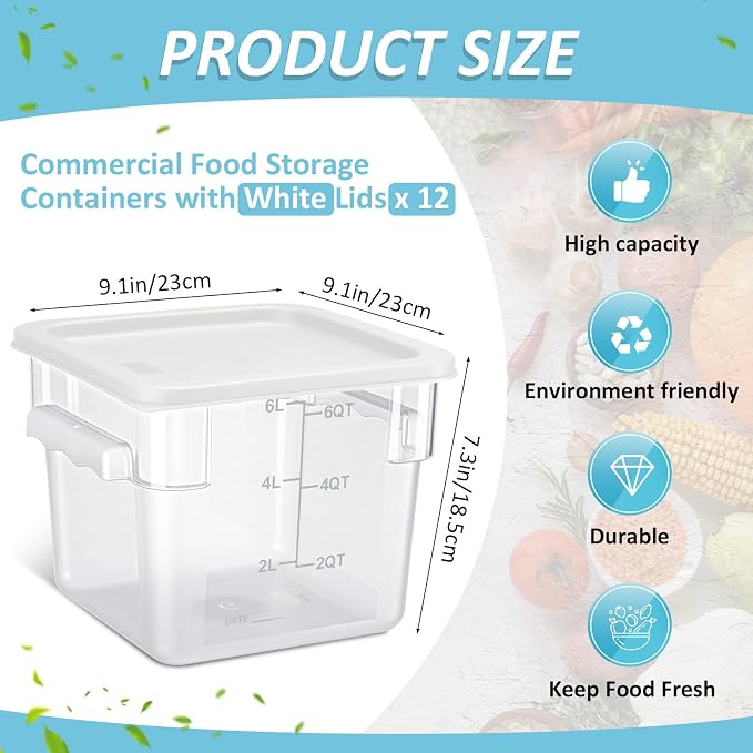 Yungyan 12 Pcs 6 Qt Commercial Food Storage Containers with white Lids Restaurant Square Airtight Food Storage Containers Clear Cereal Container for Kitchen Freezer Dishwasher Pantry