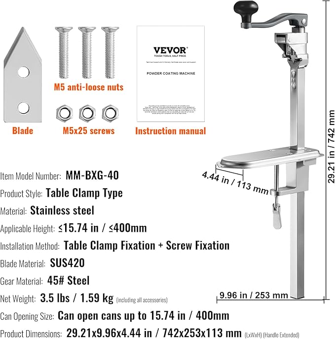 VEVOR Commercial Can Opener, 23.2"/59cm Long, Stainless Steel Manual Table Can Opener for Up to 15.7"/40cm Tall, Fixed with Clamp or Screws, Ergonomic Swing Handle & One Spare Knife, for Restaurants