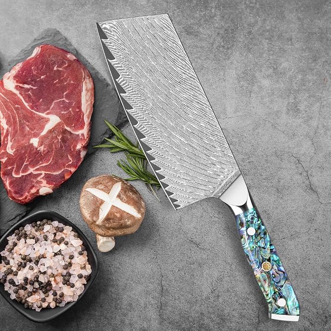 KEENZO Meat Cleaver Knife 7 inch, Razor Sharp Professional Chef Knife, Hand Forged Kitchen Knives, Japanese 67-Layers Damascus Steel Cooking Knife, Ergonomic Abalone Shell Resin Handle,Gift Box