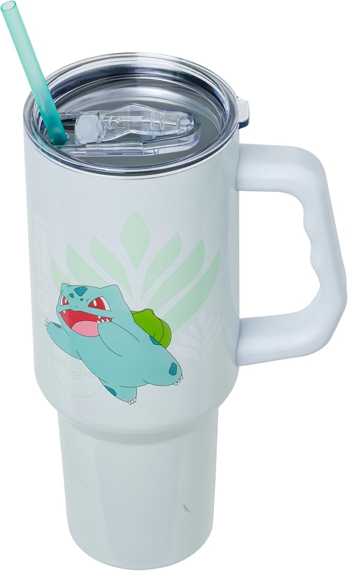 Silver Buffalo Pokémon Featuring Bulbasaur Double Walled Stainless Steel Tumbler with Handle and Straw, Fits in Standard Cup Holder, 40 Ounces