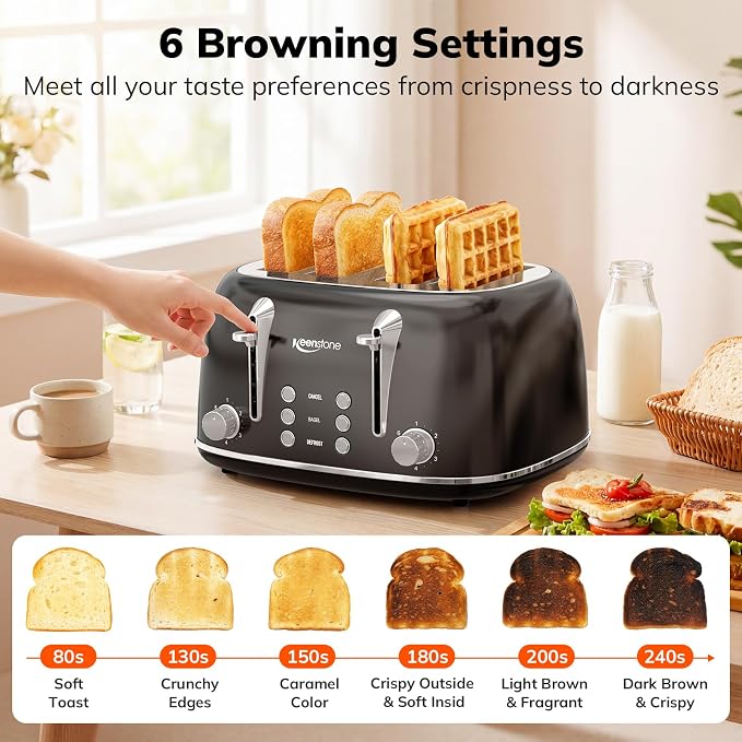 Keenstone Toaster 4 Slice, Retro Stainless Steel Wide Slot Toaster with Dual Independent Controls, 6 Browning Levels, Bagel, Defrost, Reheat & Cancel, Removable Crumb Tray, Black