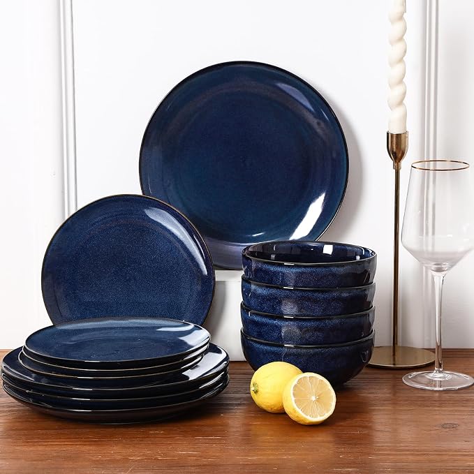 Vicrays Ceramic 24 Pieces Dinnerware Set - Dinner Plates Salad Plates Cereal Bowls Set Service for 8 - Scratch Resistant Microwave Oven Dishwasher Safe - Starry Blue