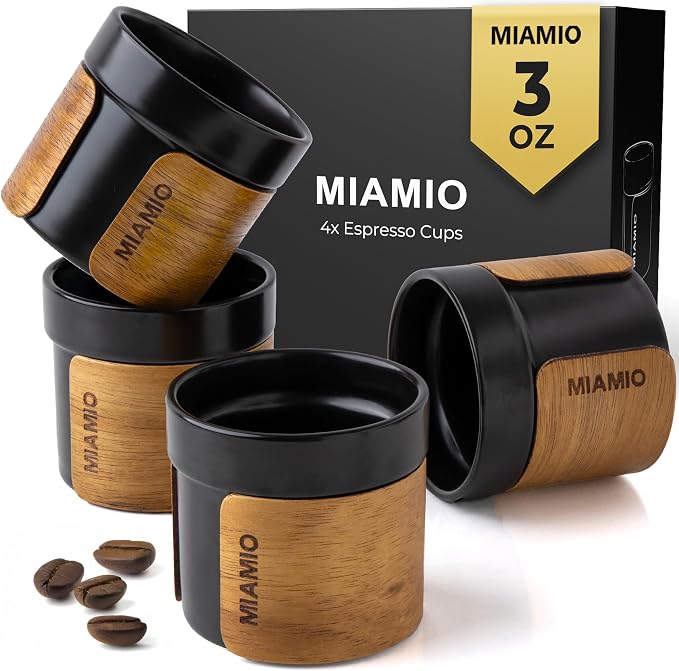 MIAMIO – Espresso Cups Set of 4 (3.5 oz) Japanese Tea Cups Ceramic/Handleless Mug with removable Wooden Cuff/Coffee Cups without Handle (Black)