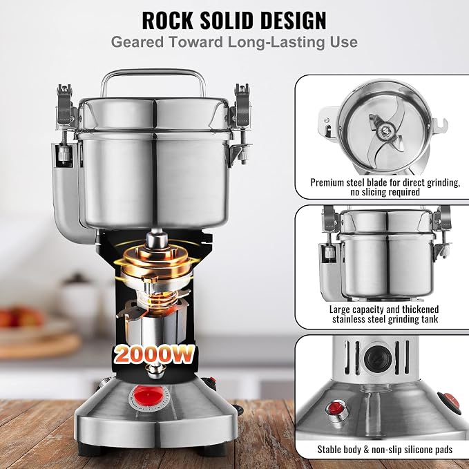 VEVOR 750g Electric Grain Mill Grinder, High Speed 2000W Commercial Spice Grinders, Stainless Steel Pulverizer Powder Machine, for Dry Grains Spices Cereals Coffee Corn Pepper, Straight Type