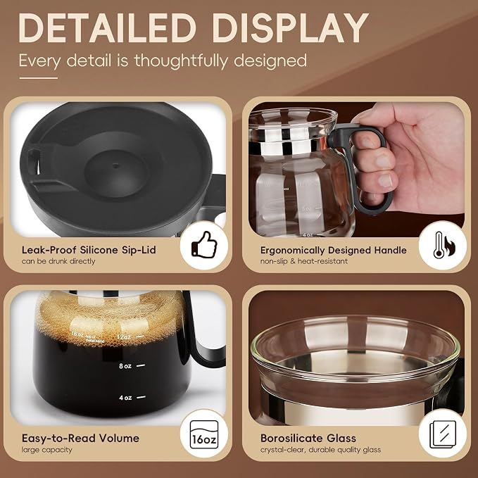 Coffee Pot Mug with Lid,16Oz Mini Glass Coffee Pot Coffee Mug with Spill Proof Lid & Heat Proof, Novelty Coffee Pot Cup for Coffee Lovers Gifts (1PC)