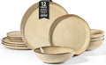 Herogo 12pcs Stoneware Dinnerware Sets for 4, Irregular Handmade Dinner Plates and Bowls, Kitchen Dining Dish Dishware Set, Microwave & Dishwasher Safe, Cream Khaki